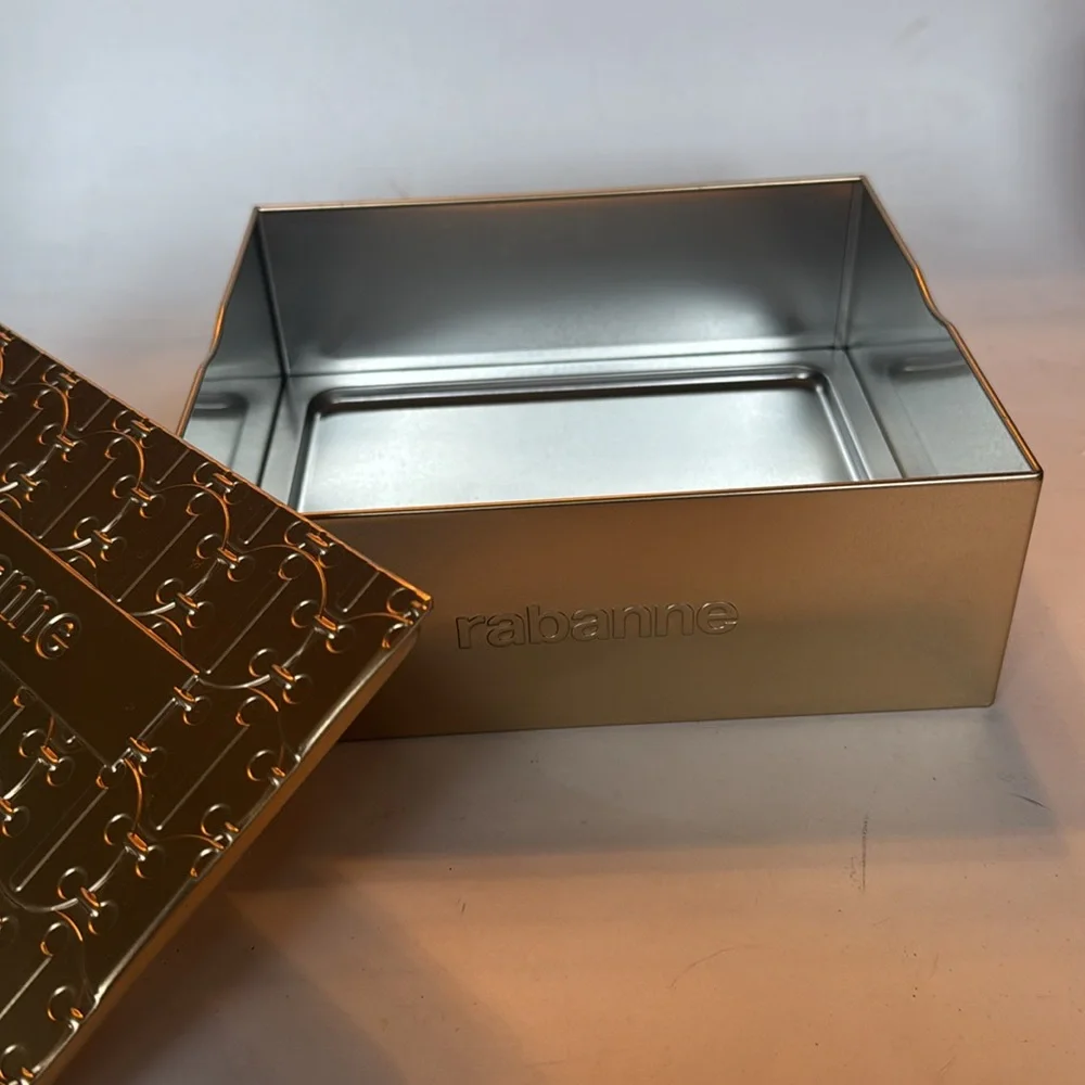 PACO RABANNE Gold Tone Metal Keepsake Tin Box 7.5x8.5x3” NWOT